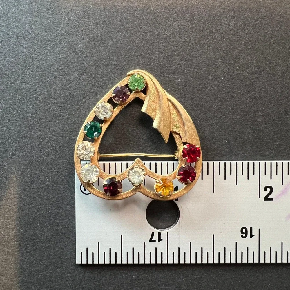 Vintage Gold‎ Filled Brooch Heart Multi Color Rhinestones 12KT Signed